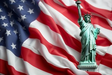 Naklejka premium Background with the American flag and the Statue of Liberty. The flag of the USA. The symbol of the United States. Republic Day. Independence Day. Elections. The US symbol