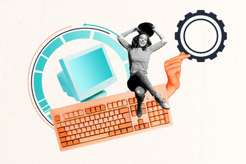 Composite collage picture image of funny female setting working process data analysis startup...