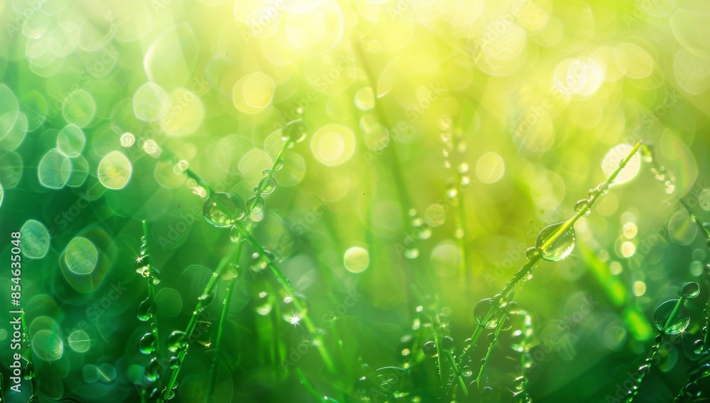Poster a large drop of dew on a stem of green grass has a reflection of the sun on it, with bokeh in a ligh