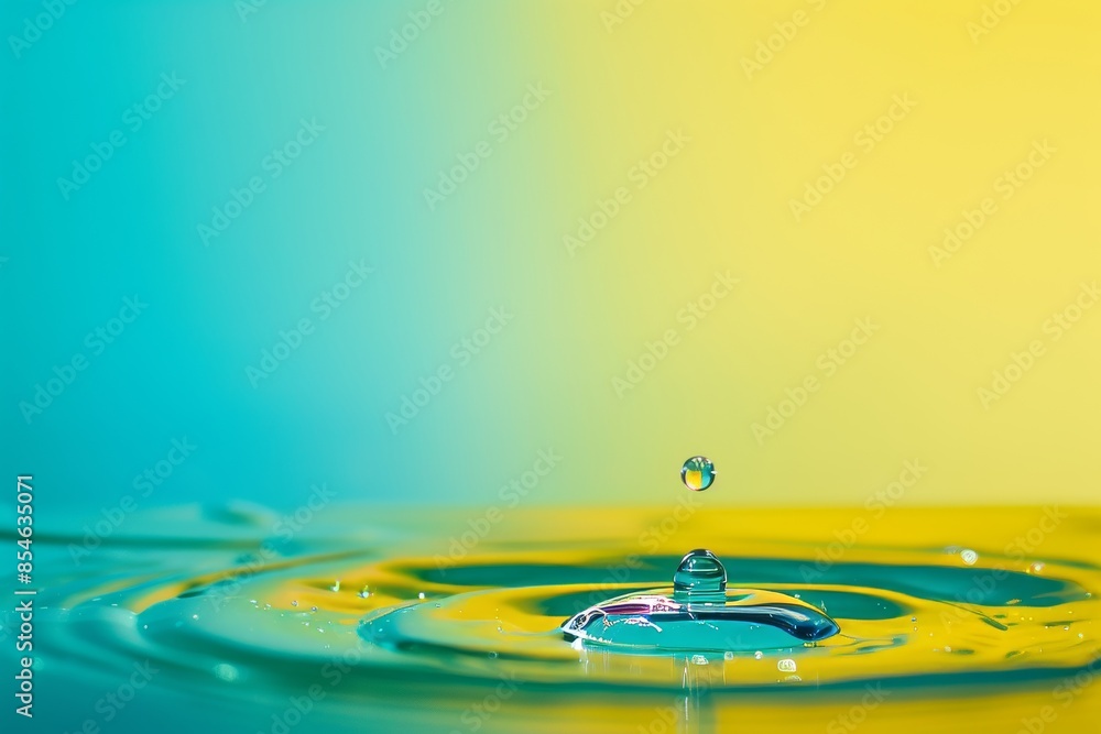 Aufkleber an image of a beautiful, clean and bright droplet of water on a smooth surface in blue and yellow co