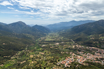 full aerial view of Urzulei Barbagia Sardinia with valley 