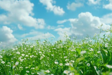 Fototapeta premium Beautiful panoramic natural spring summer background image with young green lush grass with small white flowers close-up against a blue sky with clouds