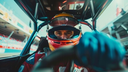 Racer in a helmet driving a car on the track