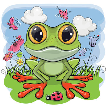 cute green frog sitting in garden clip art preview