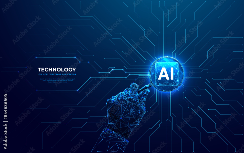Aufkleber Magnifying glass in a hand and AI chip with circuit light thin lines on dark blue background. CPU semiconductor on circuit board. AI innovation and analysis concept. Polygonal vector illustration.