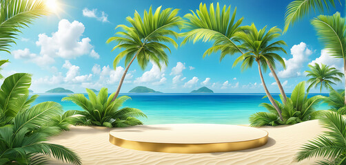  Beach podium summer background sand product 3D sea display platform. Beach podium summer banner stand scene sale sky holiday vacation stage water island sun travel pedestal promotion presentation ad.