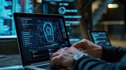A man is using a laptop with a dashboard management screen with a padlock icon on it as a data protection system.
