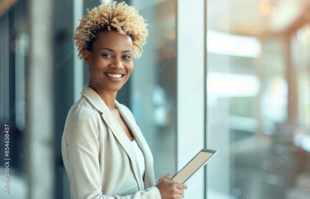 Poster website developer with tablet in office, smiling black woman with tablet in hand. female coder with 