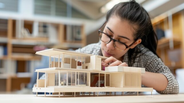 Photograph of undergraduate architecture students working on a model of a modern box house. Capture parts of the model simultaneously and thinking about building and construction concepts 