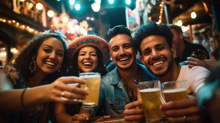 Group of friends having fun and socializing over drinks at a bar