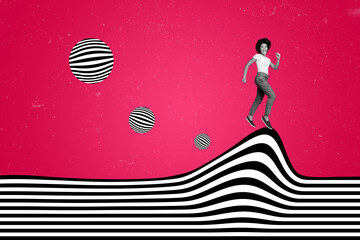 Composite collage picture image of running female striped waves surrealism shopping ad unusual...