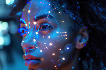 Portrait of an attractive african woman with a facial recognition neon hologram on a blurred background. Face ID and password concept. Generated by artificial intelligence