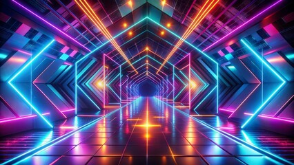 Vibrant futuristic digital abstract 3d background with modern geometric shapes and neon lights, featuring a dynamic futuristic design with ample copy space for text overlay.