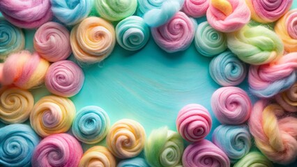 Colorful swirls of fluffy cotton candy sit atop a solid-colored background, surrounded by ample copy space, waiting to be devoured or adorned with text.