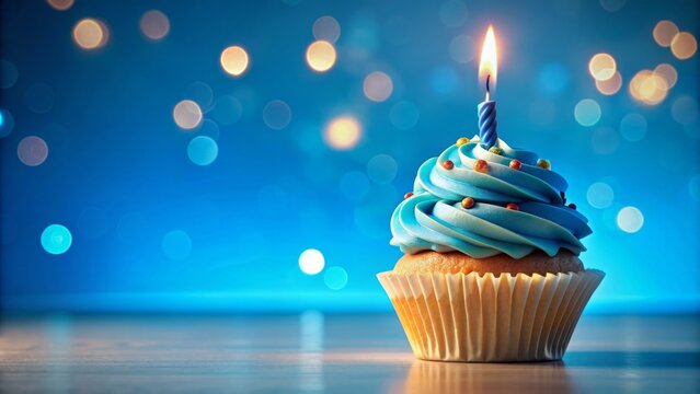 Vibrant blue background features a colorful 3d celebratory cupcake adorned with a lit candle, perfect for adding personalized happy birthday messages and warm wishes.