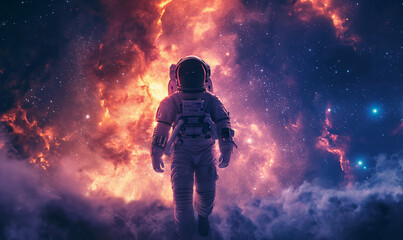 Cosmic sky. Solar system. Planets. Astronaut in a spacesuit during a spacewalk