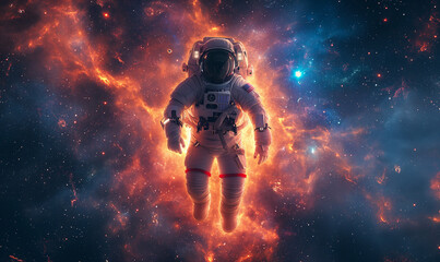 Cosmic sky. Solar system. Planets. Astronaut in a spacesuit during a spacewalk