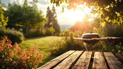 Naklejka premium A wooden table with a grill in the background, perfect for outdoor gatherings or BBQs