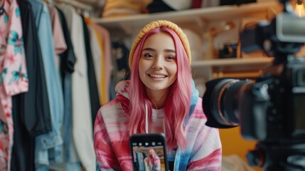 Obraz premium A pink-haired female blogger wears a hoodie and a pink camera. While buying clothes via social media, online internet system