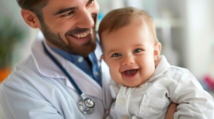 A pediatrician holds a baby for a health check at a newborn and general clinic.