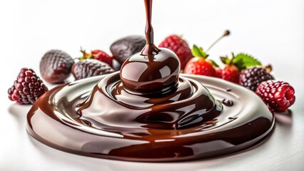 Rich, velvety, dark chocolate sauce poured artfully across a clean, white background, creating a decadent and indulgent visual treat for food enthusiasts.