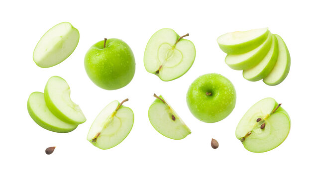 Green apple has water drop with slices collection isolated on white background. Clipping path.