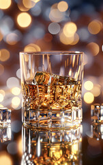 Crystal glass with whiskey is standing on a wet surface reflecting golden bokeh lights