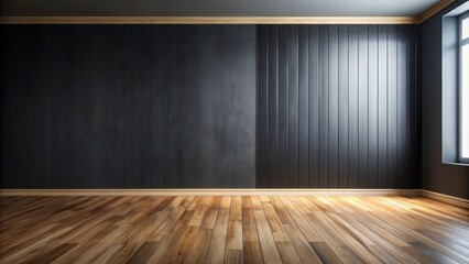 Minimalist black empty room with smooth dark walls, polished wooden floor, and ample copy space, ideal for creative designs, branding, or marketing projects.