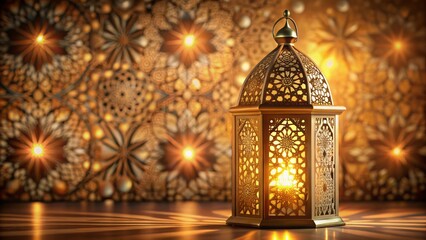 Elegant golden lantern background adorned with intricate islamic patterns, ornate geometrics, and lavish floral motifs, exuding warmth and tranquility for an eid mubarak celebration.