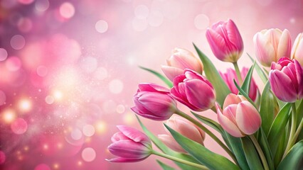 Obraz premium Soft focus abstract pink background adorned with delicate tulips and pink flowers, perfect for mother's day celebrations, with ample copy space for customization.