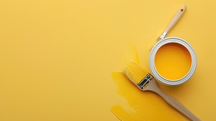 Trendy yellow background with paint can and brush Top view with copy space Home design concept for renovation and repair