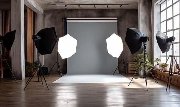 Modern photo studio with professional equipment. arrangement of professional photographer equipment. Interior of modern studio during photographing of furniture.Concept of business and professions
