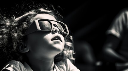 A young girl wearing glasses looks up at something with curiosity