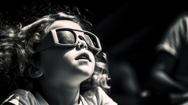 A young girl wearing glasses looks up at something with curiosity