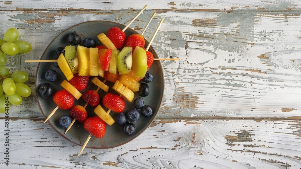 Poster fresh fruit skewers featuring grapes and strawberries, great for snacking or adding to a party