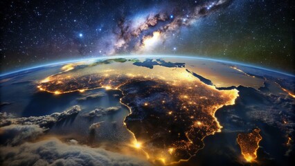 Fototapeta premium Celestial view of african continent at night, illuminated by city lights, with swirling clouds, atmospheric haze, and stars twinkling against inky blackness.