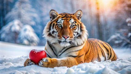 Obraz premium Adorable tiger reclines on snow-covered ground, tenderly holding a heart-shaped object in its paws, amidst a serene winter wonderland backdrop with ample copy space.