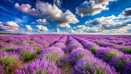 Obraz premium Vibrant purple lavender fields stretch towards a clear blue summer sky with fluffy white clouds, providing ample copy space for banners or advertisements.