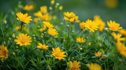 Yellow flowers on a green backdrop in a beautiful garden setting flower filled summer field