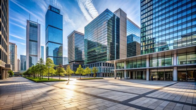 Modern office buildings tower over an empty ground floor plaza in the city's downtown district, featuring sleek architecture and a spacious, barren urban landscape.
