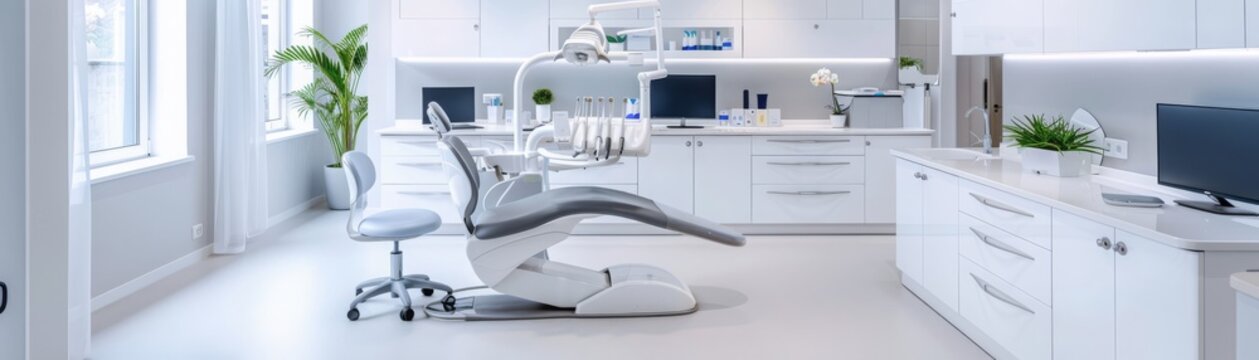 Modern dental office with white furniture and a dental chair.