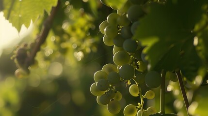 Close view of a vine of grapes, lush green, soft afternoon sunlight