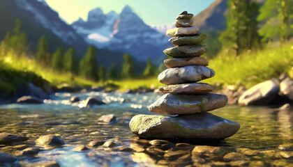 Fototapeta premium Cairn in the river, balance, water, stack, ecosystem, esoteric, growth, inspiration, philosophy, scenery, skill, solitude, spirit, springtime, standing, strength, treatment, vision, waterfront, 