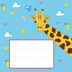 Blue background with giraffe and summer pictures. Form with cartoon pictures. Children's background with a field for text.