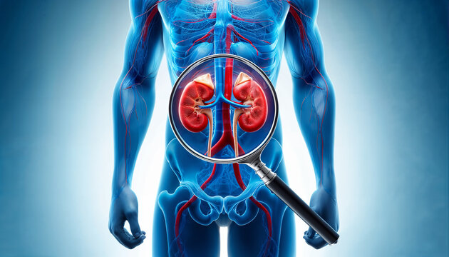 Detailed 3D illustration of the human urinary system with magnified view of kidneys showing anatomical features and internal organs