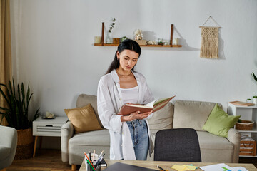 Woman in living room, absorbed in book.