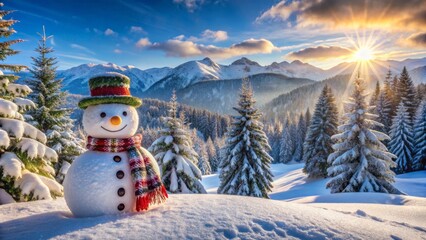 Fototapeta premium Vibrant winter scenery featuring a cheerful snowman surrounded by snow-covered trees, hills, and mountains, with plenty of copy space to convey winter joy and festivity.