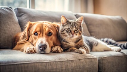 A serene atmosphere prevails as a loyal cat and a gentle dog snuggle beside a plush couch, offering solace and companionship on a difficult day.