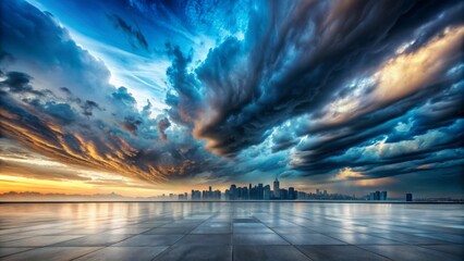 Obraz premium Dramatic panoramic horizon scene with dark floor background, featuring a breathtaking scenic skyline with vibrant, swirling clouds against a captivating, intense blue atmosphere.