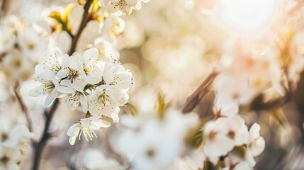Fototapeta premium Plum tree blossoms, rich white flowers in focus, crisp morning light, tranquil background 